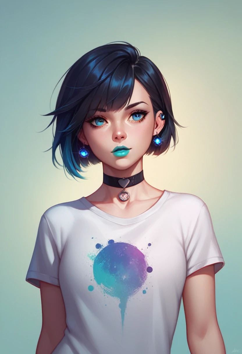 cerulean. really short hair, hair made of galaxy and Cosmo, We can see the galaxy by the strand of her hair. choker. Amber blue eyes. Bblack hair. cyan lips. t - shirt. a photo of a face nearby. Earplug