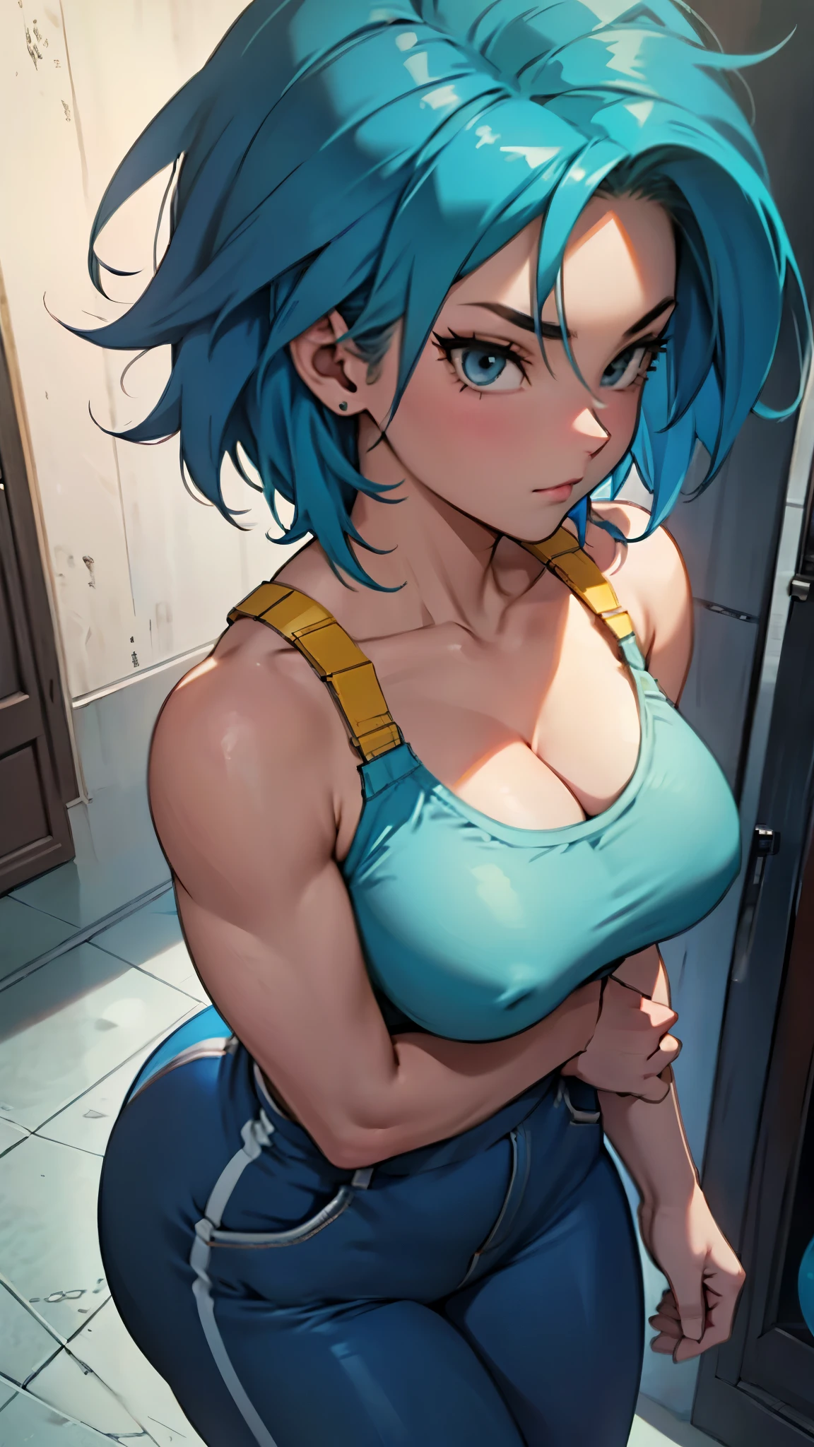 Bulma ,sexy, busty. Blue medium hair. Sayayin clothes