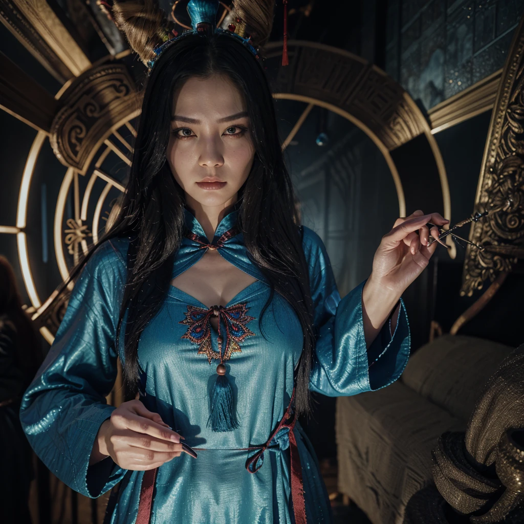 Hyperrealism,(Sinister sorcerer:0.86),(female focus:1.01),(Korean:0.7),myth,Horrific hallucinations,Curse-inflicted features,(Slimy:1.08),(perfect detailed:0.77),Comic Book,Screen Space Reflections,(dean kotz:0.85),(Embroidered bell-sleeve tunic with a tassel tie:0.98),Ultimate composition and color,