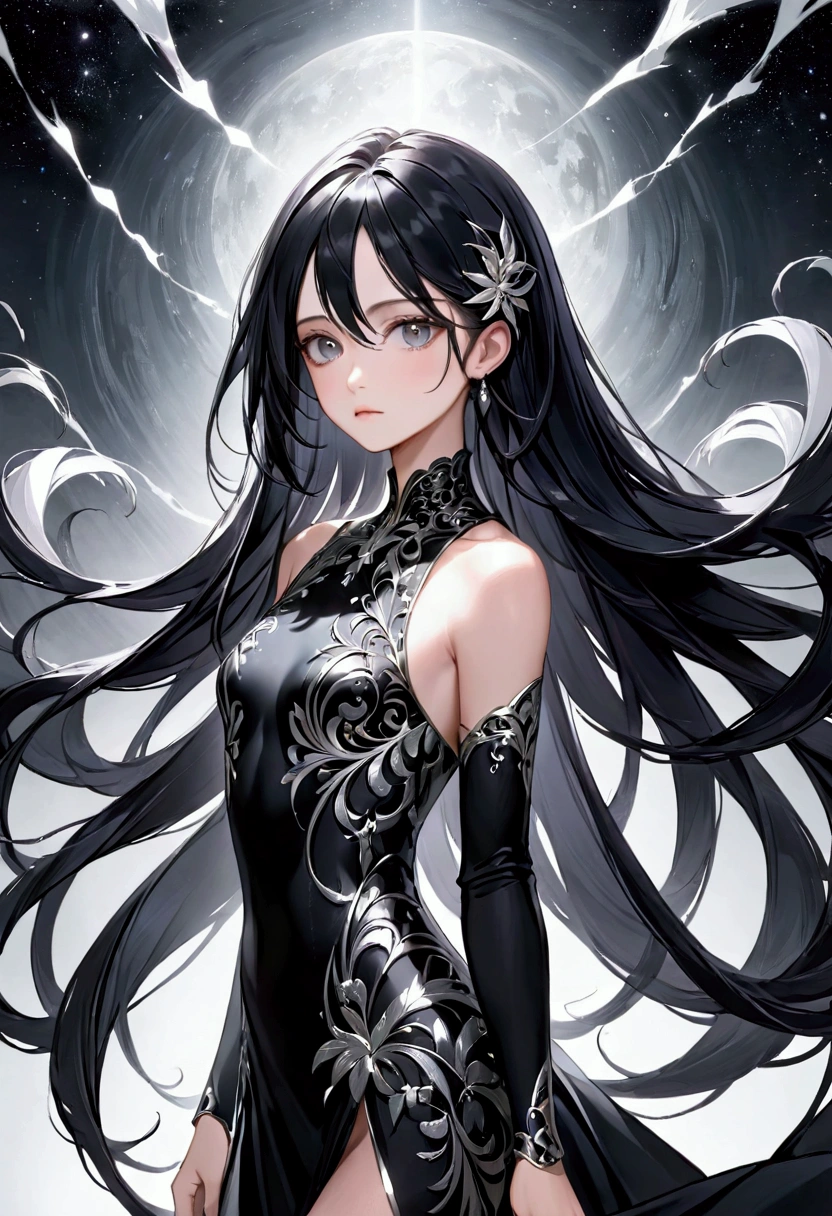 Girl with long black hair with silver highlight, dark onyx eyes, flat body,