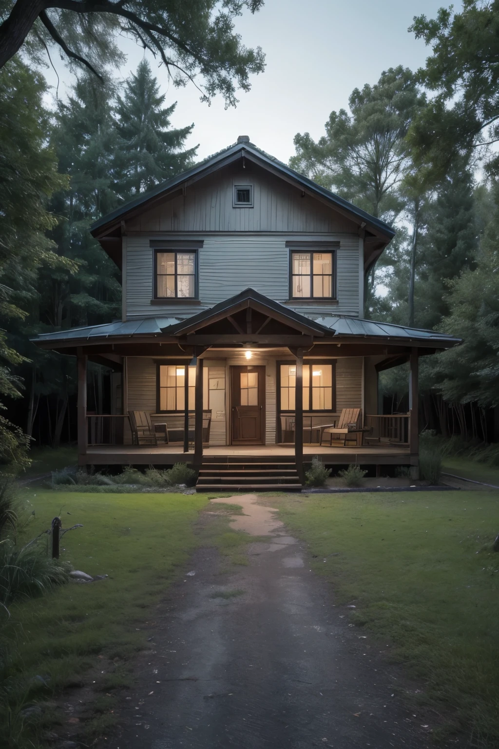 Create a book cover: at night, of a not very large two-story house with the paint on the walls a little worn, with many trees around looking gloomy in the forest.