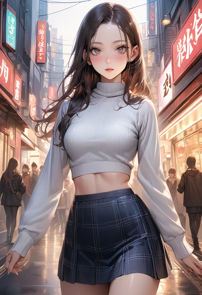 realistic,((masterpiece,Highest quality:1.3,best quality illustration)),cowboy shot,独奏,1woman,(25 year old beauty),((very small head:1.3)),black hair,long hair,forehead,center parted bangs,black eyes,gorgeous big eyes,blush,((very long body,skinny)),medium breasts,(White long sleeve turtleneck knit sweater)、Denim micro shorts、gleaming skin,toned body,slender body,skinny,standing,on street,Shinjuku、Tokyo、