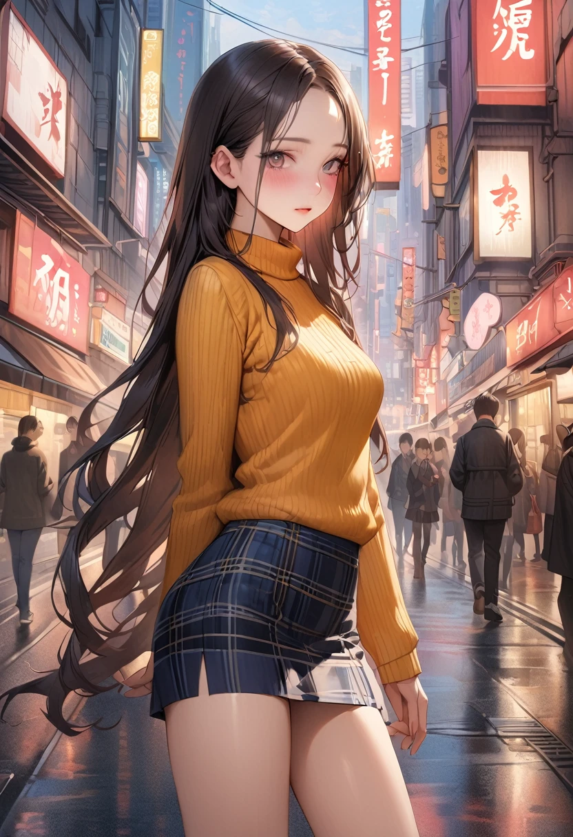 (realistic:1.3),((masterpiece,Highest quality:1.3,best quality illustration)),cowboy shot,独奏,1woman,(25 year old beauty),((very small head:1.3)),black hair,long hair,forehead,center parted bangs,black eyes,gorgeous big eyes,blush,((very long body,skinny)),medium breasts,White long sleeve turtleneck knit sweater、Dark blue plaid mini skirt、gleaming skin:1.4,toned body,slender body,skinny,standing,on street,Shinjuku、Tokyo、