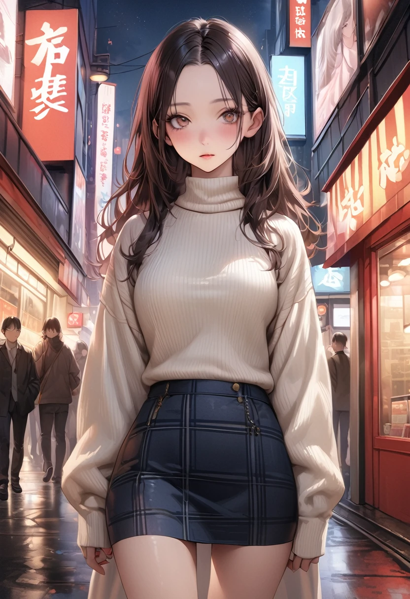 (realistic:1.3),((masterpiece,Highest quality:1.3,best quality illustration)),cowboy shot,独奏,1woman,(25 year old beauty),((very small head:1.3)),black hair,long hair,forehead,center parted bangs,black eyes,gorgeous big eyes,blush,((very long body,skinny)),medium breasts,White long sleeve turtleneck knit sweater、Dark blue plaid mini skirt、gleaming skin:1.4,toned body,slender body,skinny,standing,on street,Shinjuku、Tokyo、