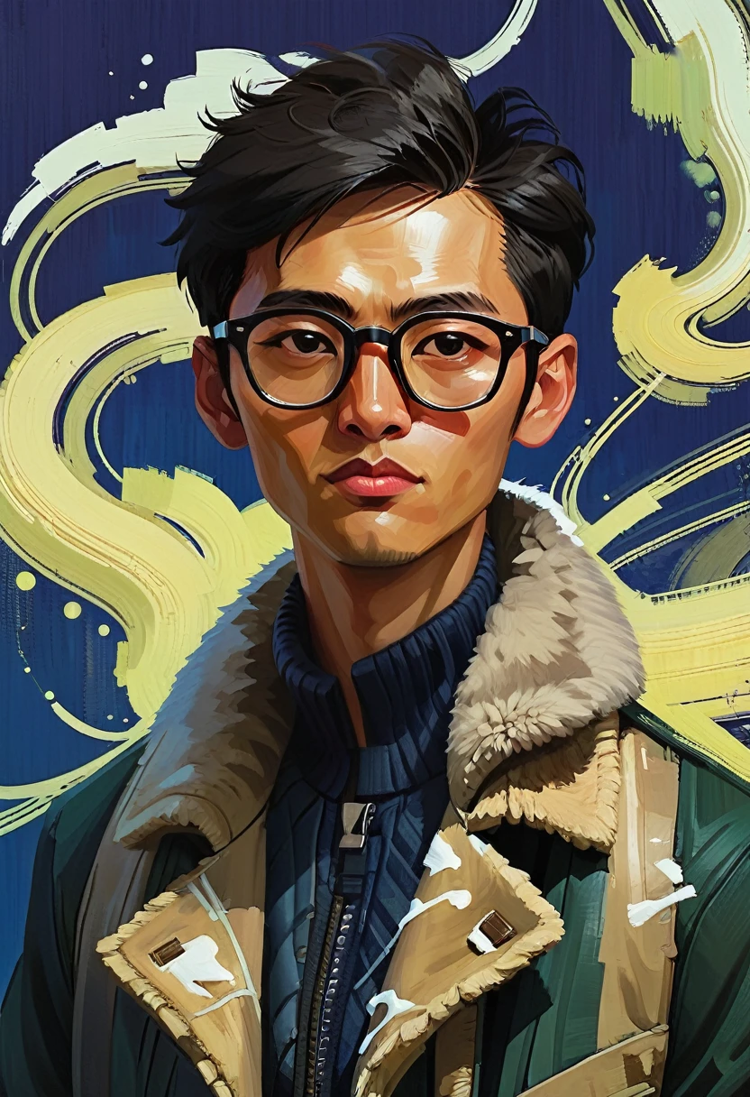 (a_Rostov_style:0.8) illustration, portrait, Man in coat, Black short hair, Asian，young people，wear glasses, Rough brushstrokes, Soothing Tones, Calming colors, Artwork by Greg Rutkowski and artgerm, (Intricate details:1.12), Human Development Report, (Intricate details, Ultra detailed:1.15)，and black background