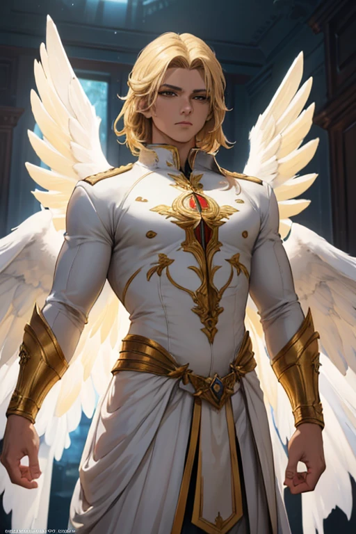 (work of art, best qualityer, ultra HD, 8k, wall-paper), Cinematic sensation, perfect hands, perfects eyes, detailedeyes, a man with white wings showing his entire body, wide and elegant white costume with strategic yellow details, displaying the powerful yellow tones in both of the character&#39;s eyes,, renderize a arte em uma impressionante resolução de 8k para mostrar todos os detalhes complexos, bringing the character and scene to life, set the stage under a clear, star-studded night sky, with the full moon casting its ethereal glow over the environment, capture the cinematic essence.