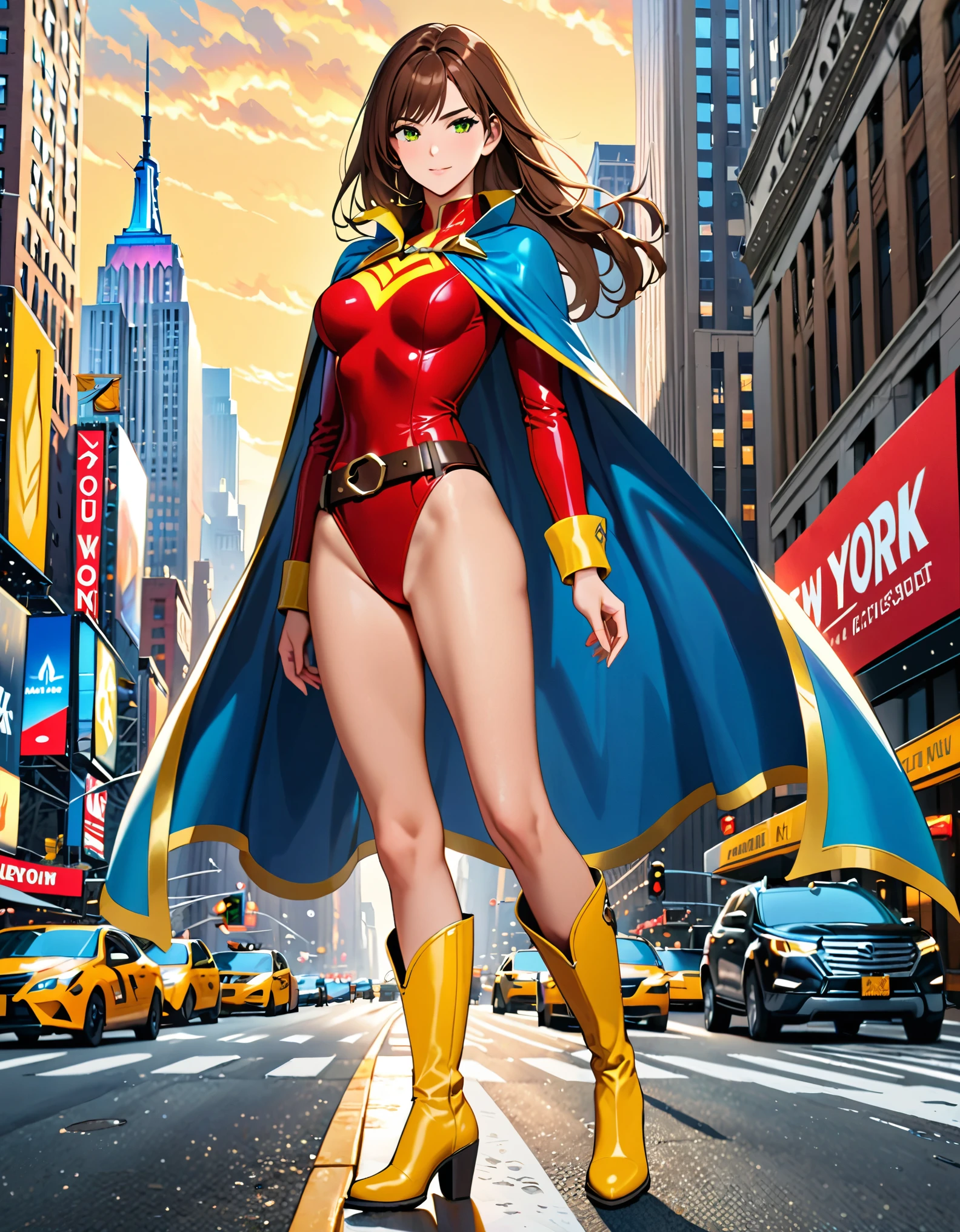 (masterpiece), (best quality), (high res), 1lady, tall body, highly detailed, professional, beautiful detailed eyes, beautiful detailed face, perfect hands, complete fingers, perfect anatomy, perfect proportions, ((brown hair, medium hair, hair down)), ((green eyes)), ((leotard, red leotard, matching leotard, bare legs)), ((boots, matching boots, knee-high boots, yellow boots)), breasts, medium breasts, (full body portrait), looking at viewer, solo, solo focus, standing, one hand on hip, cowboy shot, new york backdrop, (belt, tight belt), (blue sleeves, yellow cuffs), (yellow hawk (symbol) on chest), (medium cape, light blue cape), full body costume design.