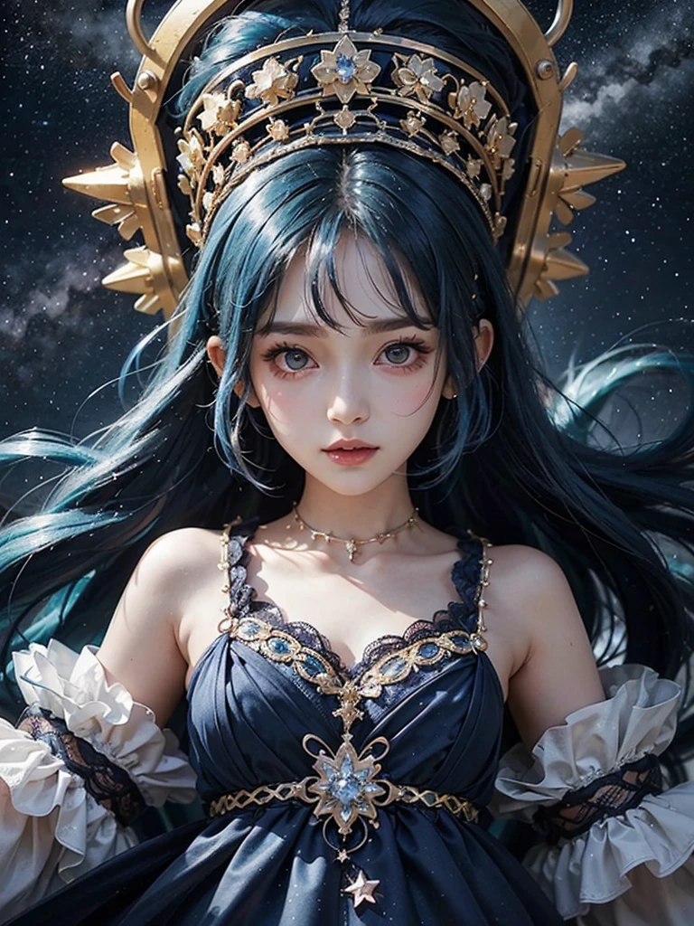 Ultra HD、A beautiful blue-haired character、Upper Body、幼児のようなBig eyes、Big eyes、Round eyes、prayer、Red burning cheeks、Night scene with starry sky background、Wearing a gorgeous dress、Subtle details、A fantastic atmosphere、Anime style