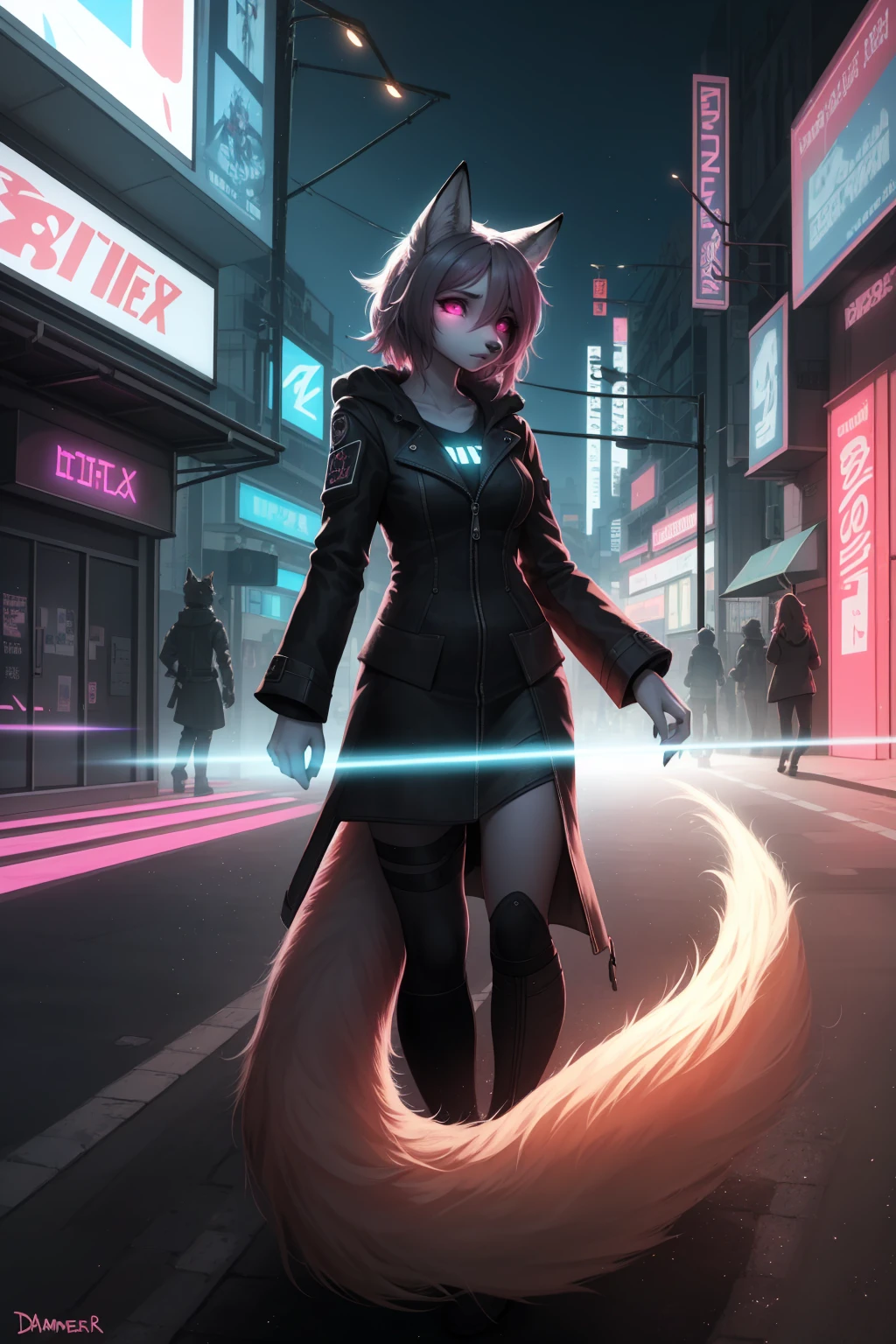 Cyberpunk fox, Schönes LIcht und Schatten auf eInem schönen GesIcht mIt hellrosa Haaren、AmbIentebeleuchtung am Strand、Ultra-fIne fur、Das volumetrIsche LIcht Ist sehr detaIllIert,Furry Art von höchster QualItät, I