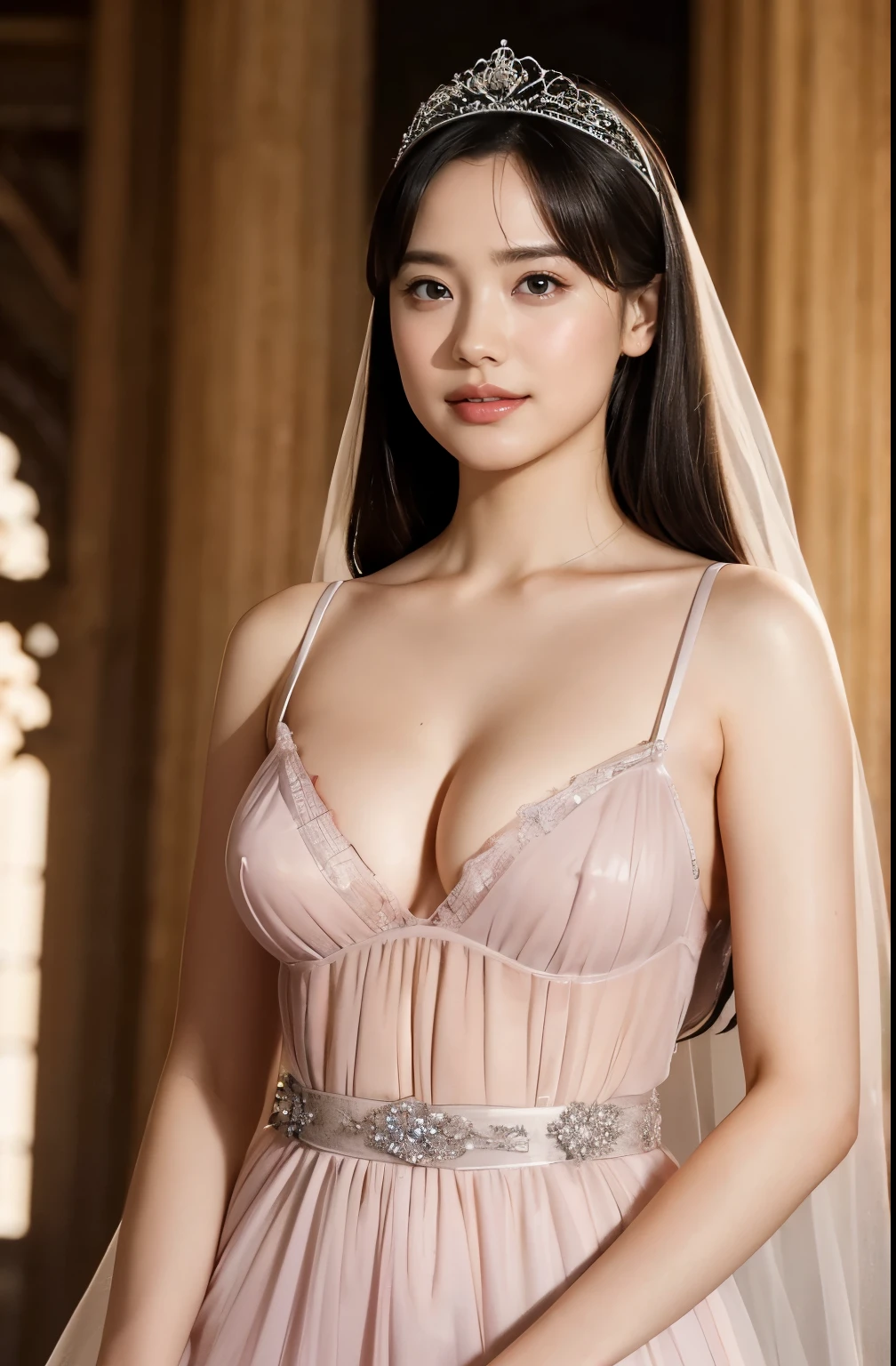 Naked,Full body like," Figure, Bride's outfit without shoulder straps,Small silver tiara,Colossal tits,sloppy and droopy breasts, heavy breasts almost exposed ,Fully visible bust,Sheer princess skirt,Wedding in the church,There is a large crowd of participants behind you, the perfect body, (Best Quality, 4K, 8K, High resolution, masutepiece:1.2), Ultra-detailed, (Realistic, Photorealistic, Photorealsitic:1.37), royal, Captivating, (Vibrant colors, sharp chest:1.1), Soft lighting", (((completely transparent dress))). (((completely no pantie))). deep breasts cleavage. transparent micro bra. navel exposed. thin waist. noble smile.