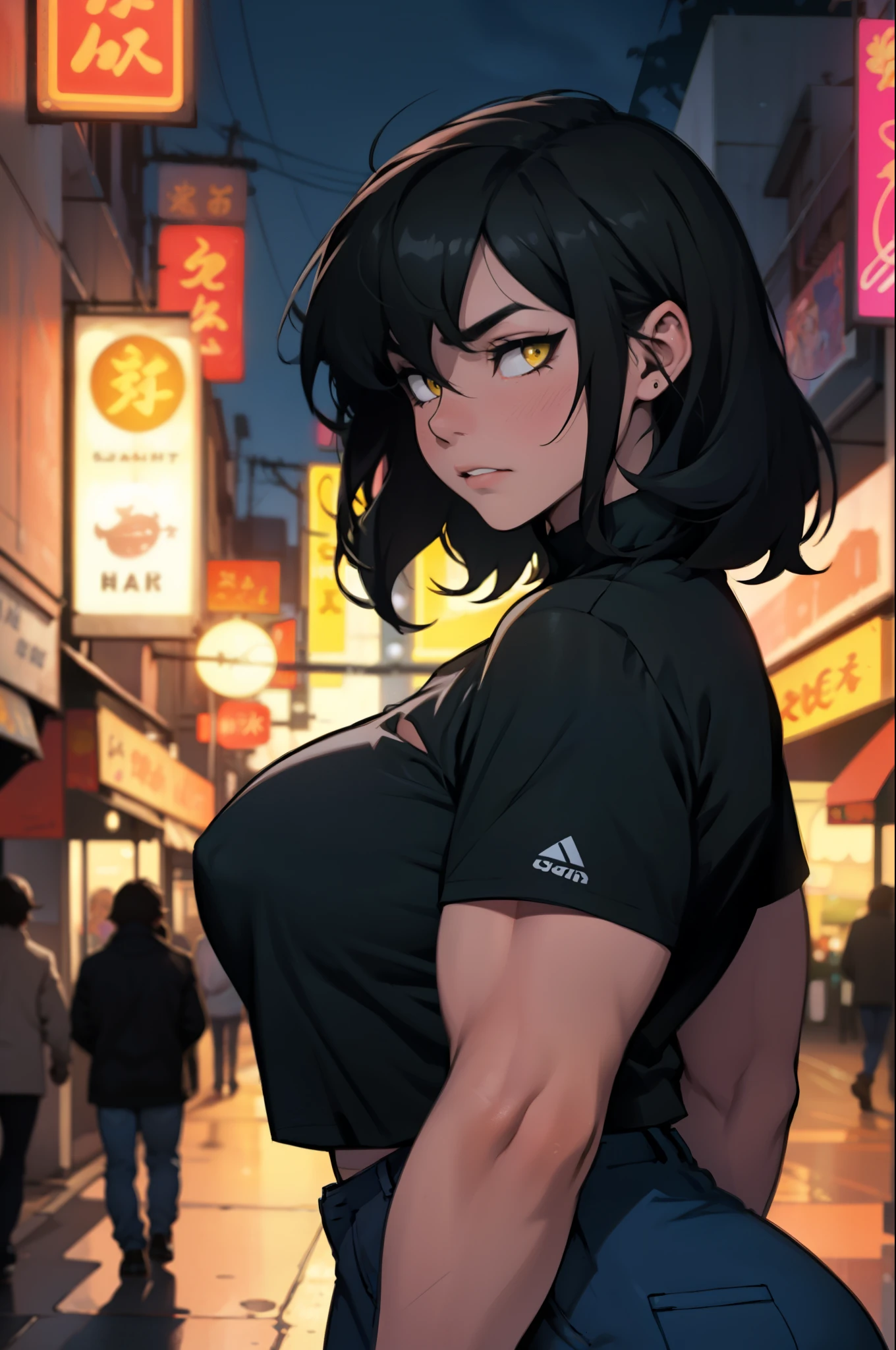 massive hair black hair yellow eyes pale skin large breasts muscular girl sad girl neon signs nighttime
