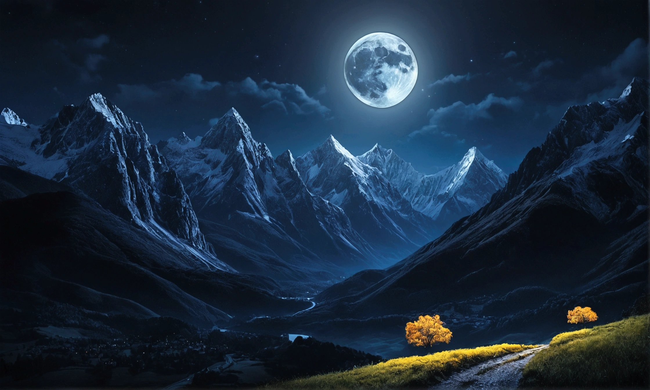 dark night with moonlight and mountains quality image