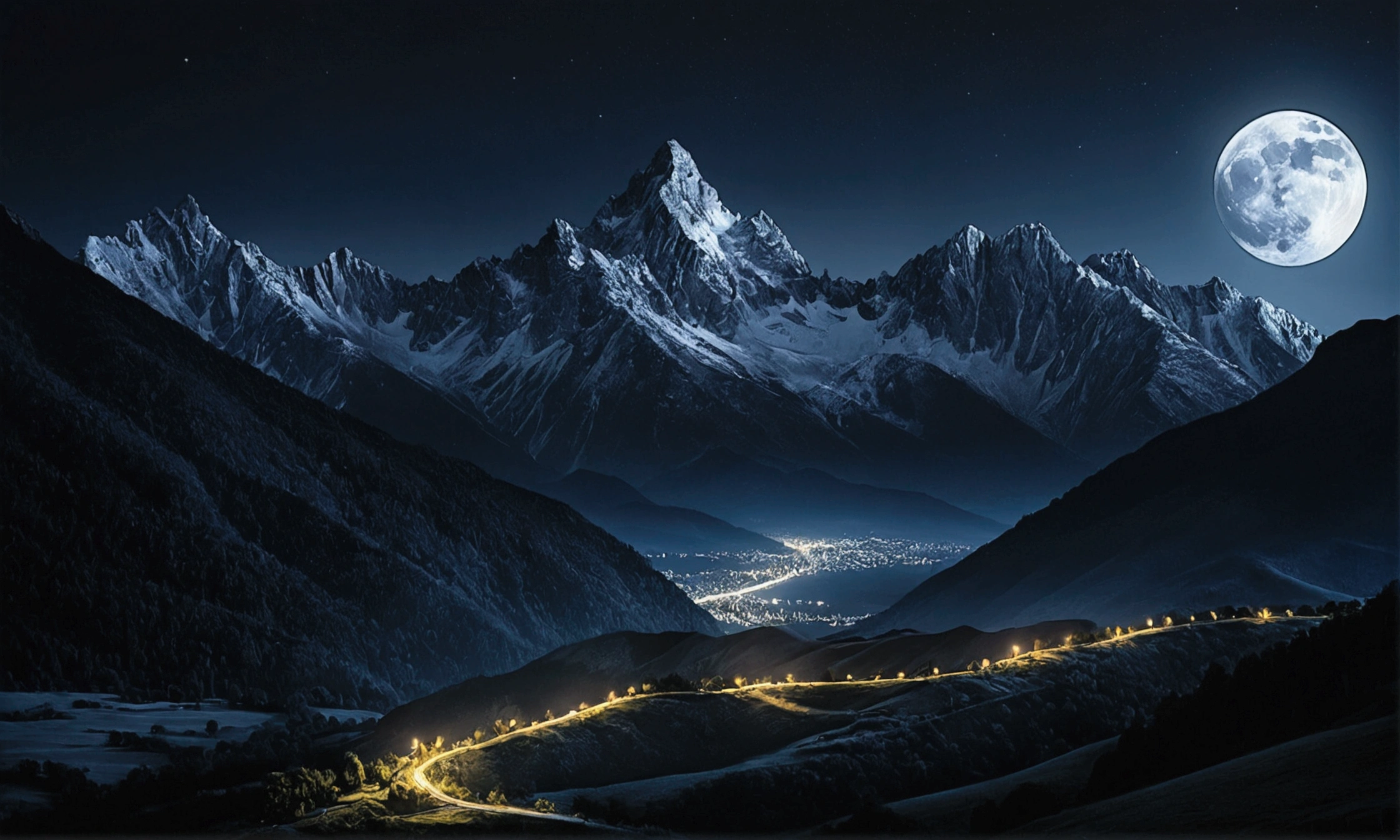 dark night with moonlight and mountains quality image