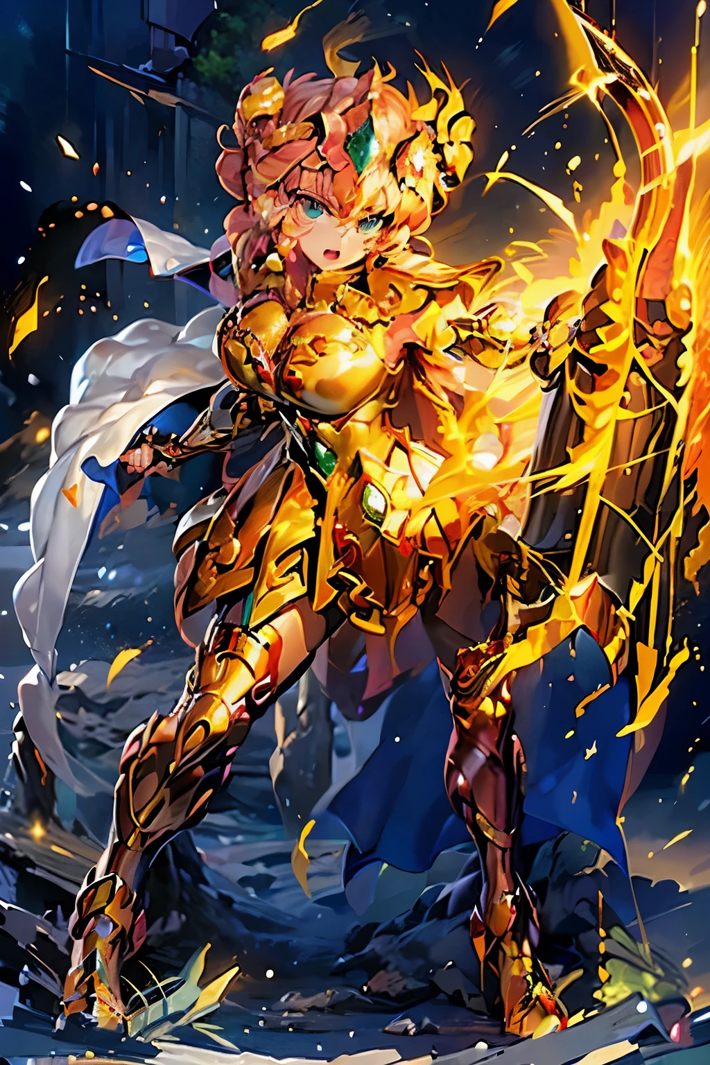 best quality, (masterpiece:1.3), absurdres, highres,16k, ultra high res, official art, illustration,extremely detailed, 1girl, solo, full body, 20yo, 
delicate lines tailed face,(top knot bun :1.5), (parted bangs:1.2), 
(beautiful pink hair:1.2), (shiny hair:1.2), (beautiful green eyes:1.2), (shiny eyes:1.2), (large breasts), (gleaming skin:1.4),
looking at viewer, simple background, (from below), in castle,
standing, (dynamic pose), serious with open mouth,
(brave lady), (fantasy), (armor, sword, shield, crown, boots, cape:1.5)