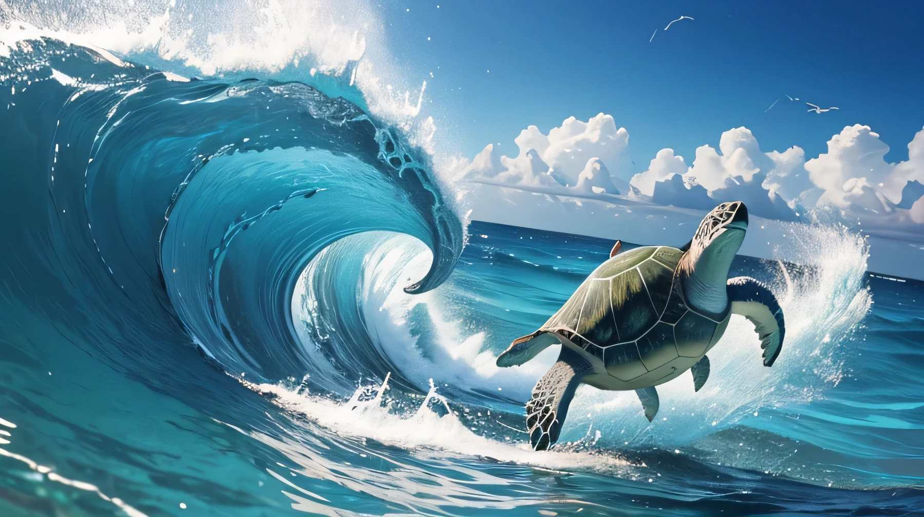 Scene: The little turtle swims nimbly through the waves, surfing on the clear blue water.
Character description: Turtle has strong legs, swims very fast and gracefully. Eyes shining with joy and enthusiasm.
Action: Turtle surfs through the waves, bounces among the waves, smiles brightly, and sings loudly.