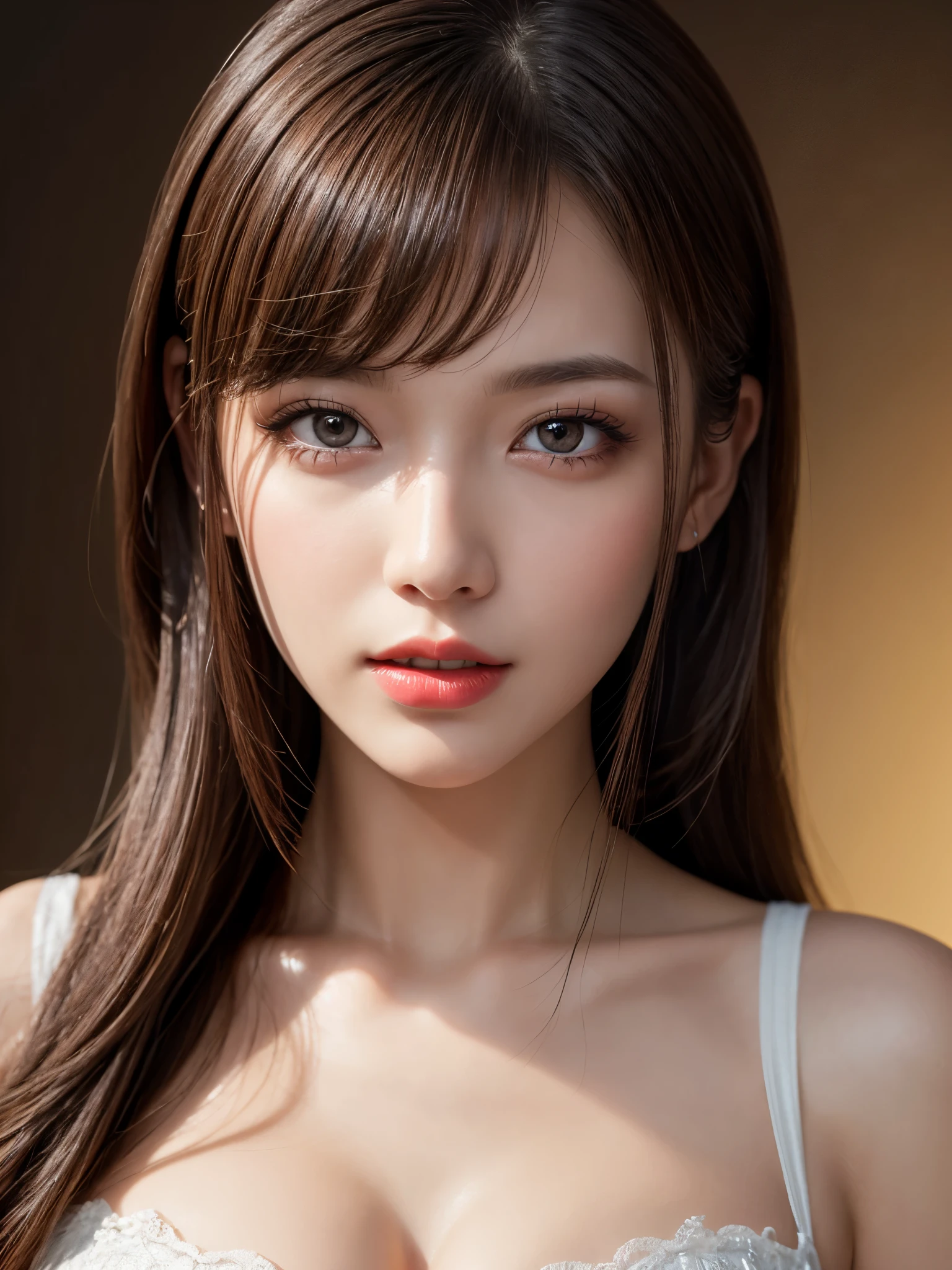 (8k, Ultra-high resolution, The best masterpiece, best quality:1.2), Very detailed, Complete Solution, (actual, actual photo: 1.37), portrait, Half Body, focus on eyes, HD RAW photos, career arrest, High quality and beautiful, 超高清 8k 影像照片, Volumetric lighting, Soft Light, confess, Professional photography, Very detailed的美麗女孩, Super delicate face shape, Contoured eyes, (Very detailed eyes), Precisely shaped nose, expressive lips, Delicate skin, (HD Skin:1.2), Neatly contoured fingers, Every feature is carefully displayed, a story, (20:1.2), Twenty generations, cute girl, young mother, Beautiful mature lady, brown hair, long, straight hair, sparkling amber eyes, red lips, Cleavage, perfect anatomy, HD background without blur, particle, actual, stunning details, 8k Ultra HD, high quality, CG unity, C4D Rendering, 3D Rendering