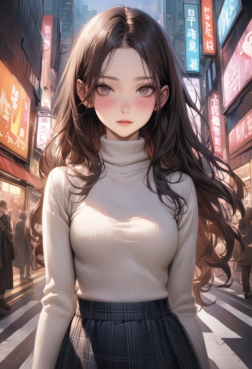 (realistic:1.4),((masterpiece,Highest quality:1.3,best quality illustration)),cowboy shot,独奏,1woman,(25 year old beauty),((very small head:1.3)),black hair,long hair,forehead,center parted bangs,black eyes,gorgeous big eyes,blush,((very long body,skinny)),medium breasts,White long sleeve turtleneck knit sweater、Dark blue plaid mini skirt、gleaming skin:1.4,toned body,slender body,skinny,standing,on street,Shinjuku、Tokyo、