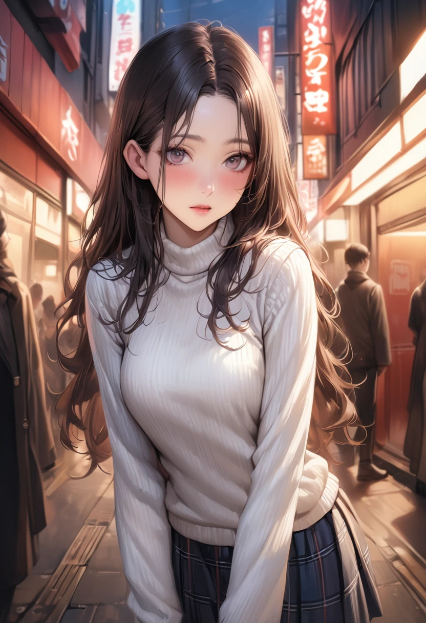 (realistic:1.4),((masterpiece,Highest quality:1.3,best quality illustration)),cowboy shot,独奏,1woman,(25 year old beauty),((very small head:1.3)),black hair,long hair,forehead,center parted bangs,black eyes,gorgeous big eyes,blush,((very long body,skinny)),medium breasts,White long sleeve turtleneck knit sweater、Dark blue plaid mini skirt、gleaming skin:1.4,toned body,slender body,skinny,standing,on street,Shinjuku、Tokyo、