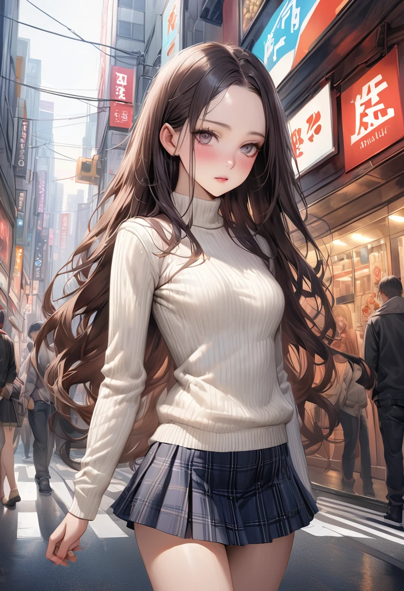 (realistic:1.4),((masterpiece,Highest quality:1.3,best quality illustration)),cowboy shot,独奏,1woman,(25 year old beauty),((very small head:1.3)),black hair,long hair,forehead,center parted bangs,black eyes,gorgeous big eyes,blush,((very long body,skinny)),medium breasts,White long sleeve turtleneck knit sweater、Dark blue plaid mini skirt、gleaming skin:1.4,toned body,slender body,skinny,standing,on street,Shinjuku、Tokyo、