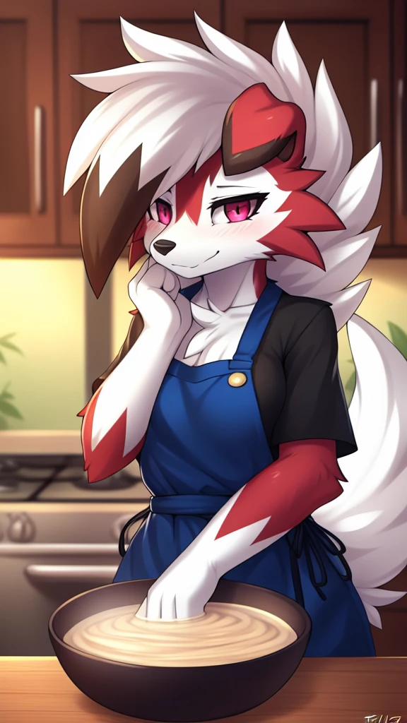 By zinfyu,by twistedscarlet60, uploaded on pixiv, by fluff-kevlar, (masterpiece), (best quality), (solo female:1.2), (extremely detailed:1.3),(detailed eye,black circle on eye,pink eye), lycanroc midnight, view on viewer, close view, shy face, half body on potrait, only body and head, close view, wearing kitchen apron,in living room, (tail:1.1), closeup photo of lycanroc