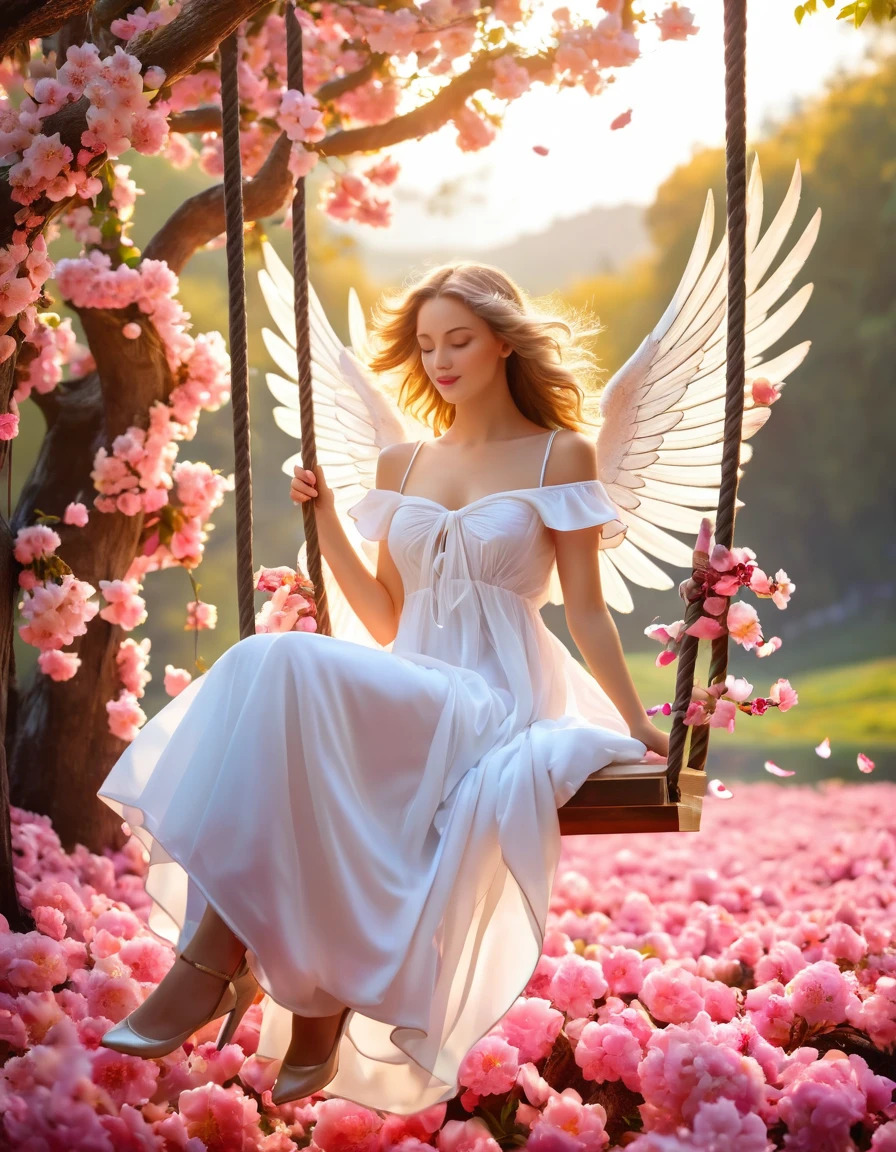 A charming angel maiden with delicately folded wings, perched on a quaint swing of blooming petals knotted in the air, raw photograpy, resembling a dreambook illustration, unveiling an aesthetically breathtaking panorama, dynamically interplay
