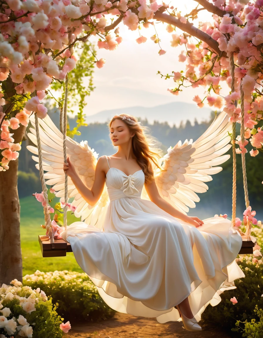 A charming angel maiden with delicately folded wings, perched on a quaint swing of blooming petals knotted in the air, raw photograpy, resembling a dreambook illustration, unveiling an aesthetically breathtaking panorama, dynamically interplay