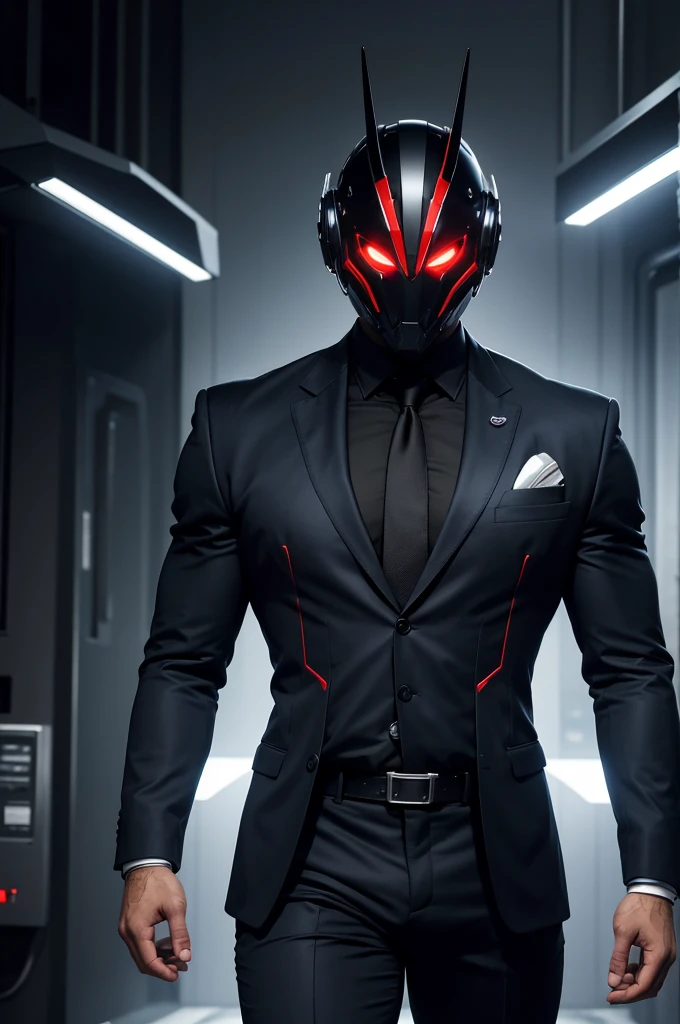 His original appearance includes a blue shirt, a brown tie with black dots, A cream-colored blazer and pants, he wears a black futuristic and cybernetic mask.. It has two pointed points that are bright red eyes that cover its eyes. has details. Imagine that the red eyes on the helmet also have a special function, such as scanning or providing information in real time. His complexion is muscular but aesthetic
