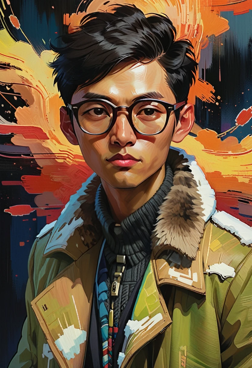 (a_Rostov_style:0.8) illustration, portrait, Man in coat, Black short hair, Asian，young people，wear glasses, Rough brushstrokes, Soothing Tones, Calming colors, Artwork by Greg Rutkowski and artgerm, (Intricate details:1.12), Human Development Report, (Intricate details, Ultra detailed:1.15)，and black background