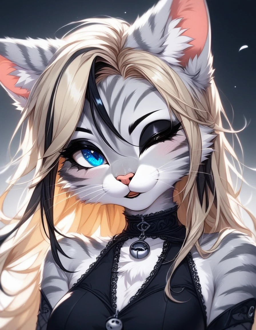 alone, score_9,score_8_highly,score_7_highly, source_cartoon, source_furry, (cat, Anthro furry feline girl, blue eyes, silver fur, grey stripes, long blonde hair with black highlights, black eyeliner, black mascara), wear sexy gothic clothes, highlyper body shot, winks, Grinning
