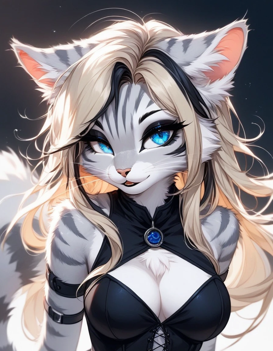 alone, score_9,score_8_highly,score_7_highly, source_cartoon, source_furry, (cat, Anthro furry feline girl, blue eyes, silver fur, grey stripes, long blonde hair with black highlights, black eyeliner, black mascara), wear sexy gothic clothes, highlyper body shot, winks, Grinning