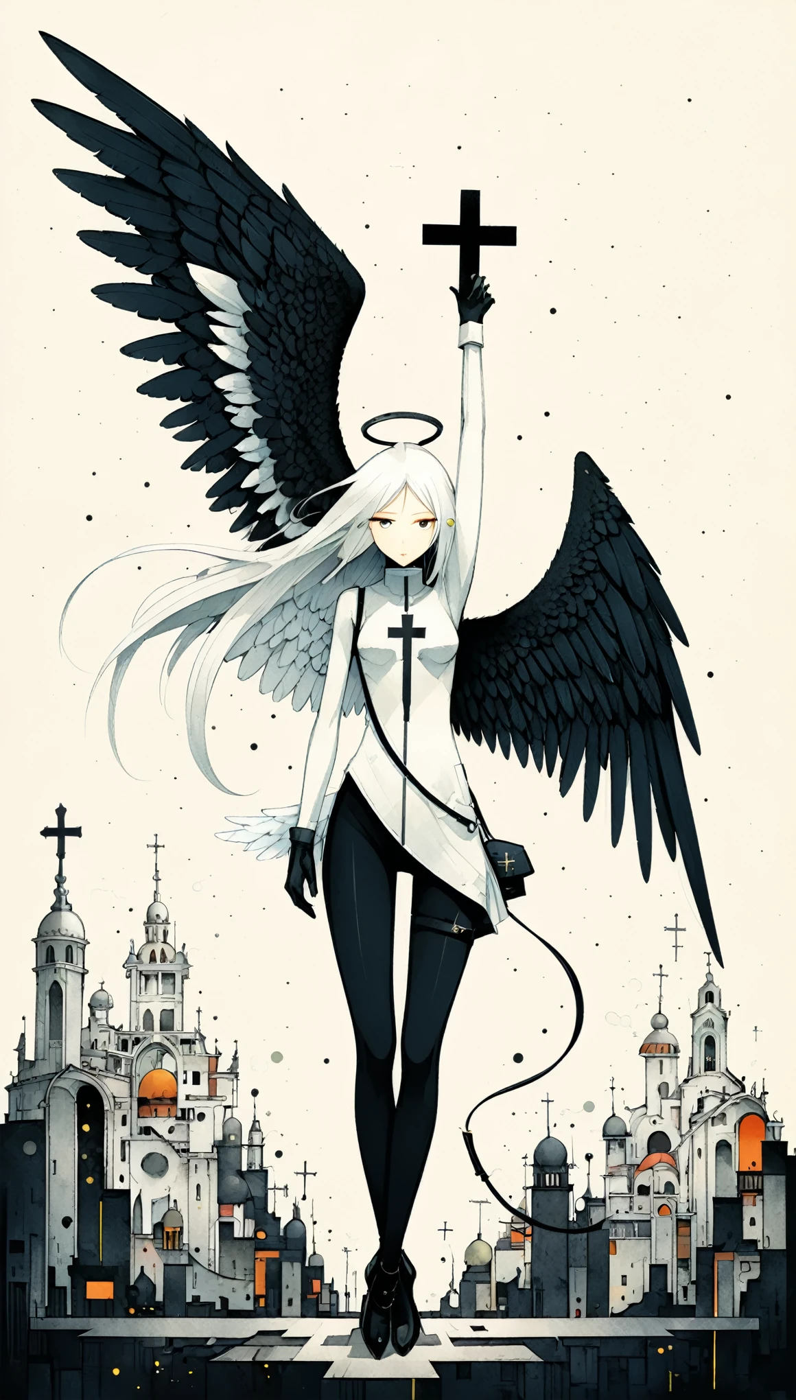 in style of Santiago Caruso,in style of Dan Matutina,(in style of Mike Azevedo:1.4),
1girl,(bikkii:1.3),(withe and black cross angel:1.4),(cross-body stretch:1.2),
(black wing and white wing:1.4),
