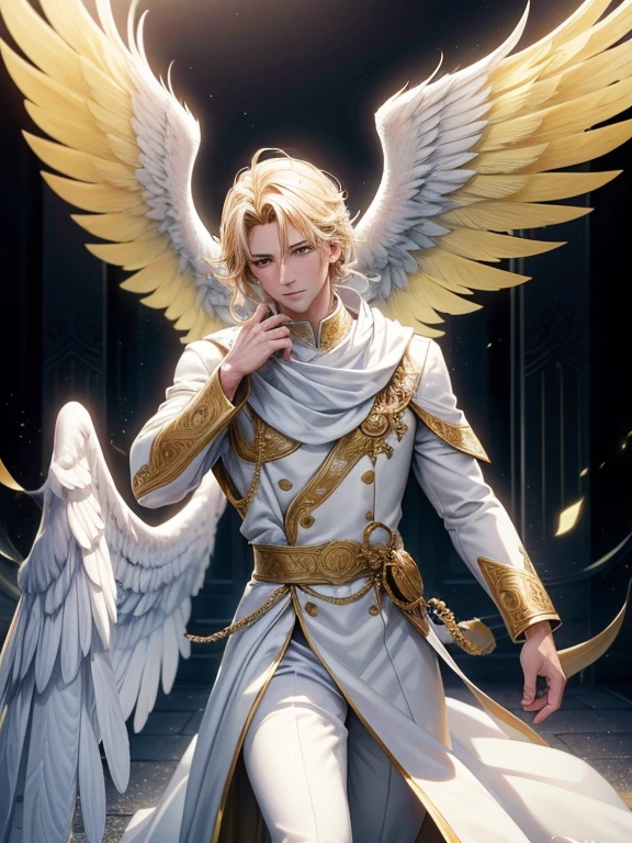 (work of art, best qualityer, ultra HD, 8k, wall-paper), Cinematic sensation, perfect hands, perfects eyes, detailedeyes, a man with white wings showing his entire body, wide and elegant white costume with strategic yellow details, displaying the powerful yellow tones in both of the character&#39;s eyes,, renderize a arte em uma impressionante resolução de 8k para mostrar todos os detalhes complexos, bringing the character and scene to life, set the stage under a clear, star-studded night sky, with the full moon casting its ethereal glow over the environment, capture the cinematic essence.