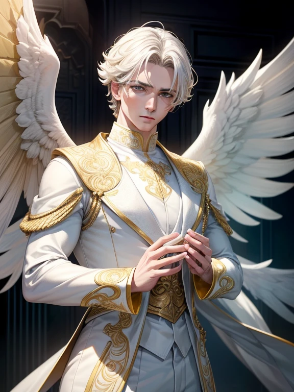 (work of art, best qualityer, ultra HD, 8k, wall-paper), Cinematic sensation, perfect hands, perfects eyes, detailedeyes, a man with white wings showing his entire body, wide and elegant white costume with strategic yellow details, displaying the powerful yellow tones in both of the character&#39;s eyes,, renderize a arte em uma impressionante resolução de 8k para mostrar todos os detalhes complexos, bringing the character and scene to life, set the stage under a clear, star-studded night sky, with the full moon casting its ethereal glow over the environment, capture the cinematic essence.