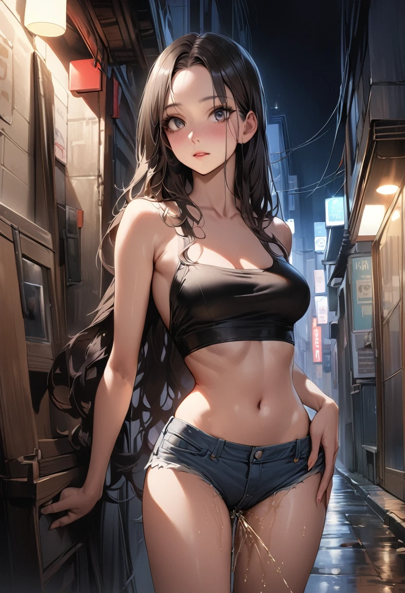 ((masterpiece,Highest quality:1.3,best quality illustration)),realistic,cowboy shot,独奏,1woman,(18 year old beauty),((very small head:1.3)),black hair,long hair,forehead,center parted bangs,black eyes,gorgeous big eyes,sky,((very long body,skinny)),medium breasts,gleaming skin,toned body,slender body,skinny,Black tube top shirt、navel、Denim Microshorts、(incontinence、peeing),Back Alley、,Shinjuku、Tokyo、