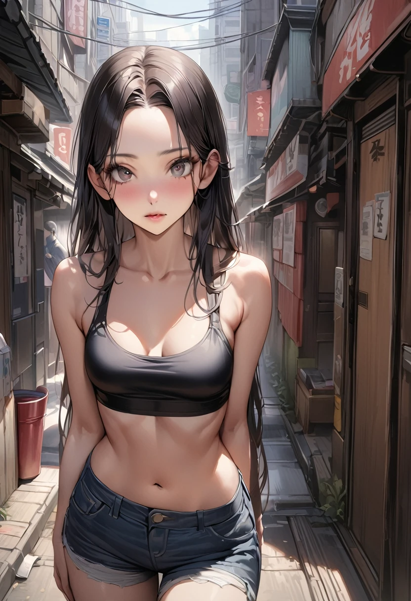 ((masterpiece,Highest quality:1.3,best quality illustration)),realistic,cowboy shot,独奏,1woman,(18 year old beauty),((very small head:1.3)),black hair,long hair,forehead,center parted bangs,black eyes,gorgeous big eyes,sky,((very long body,skinny)),medium breasts,gleaming skin,toned body,slender body,skinny,Black tube top shirt、navel、Denim Microshorts、(incontinence、peeing),Back Alley、,Shinjuku、Tokyo、