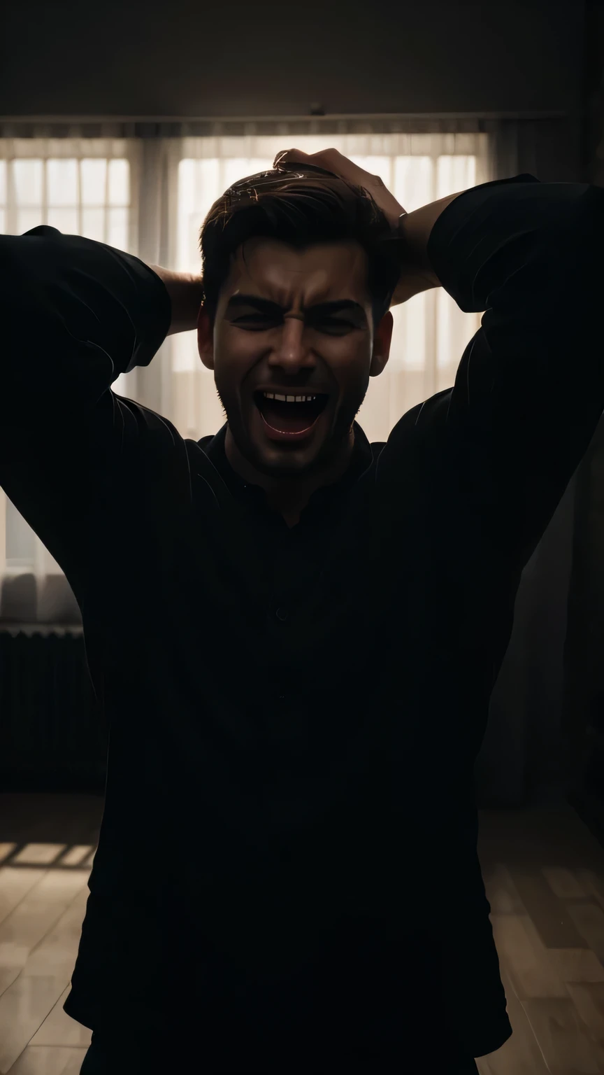 man screaming with pleasure and happiness with his hand on his head, dark and mysterious background, detail, light smile, realism, cinematic lighting, backlighting, wide shot, overexposure, 4k, 8k, masterpiece, anatomically correct, super detail, high quality , best quality, award-winning