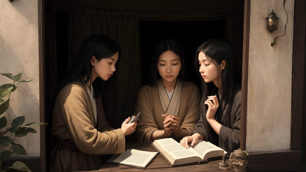 "Description: Illustrate a contemplative scene where individuals are pondering the significance of living in the last days as suggested by the Bible. Show diverse characters engaged in study, discussion, and reflection on the prophetic texts, seeking to understand their meaning in the context of today's world.
Details: Use a balanced color palette with a mix of warm and cool tones to create an atmosphere of thoughtful reflection. Include elements such as open Bibles, study groups, and peaceful natural settings where people can ponder. Show expressions of curiosity, concern, and spiritual seeking on the faces of those engaged, symbolizing the quest for understanding and meaning in these troubling times.
"