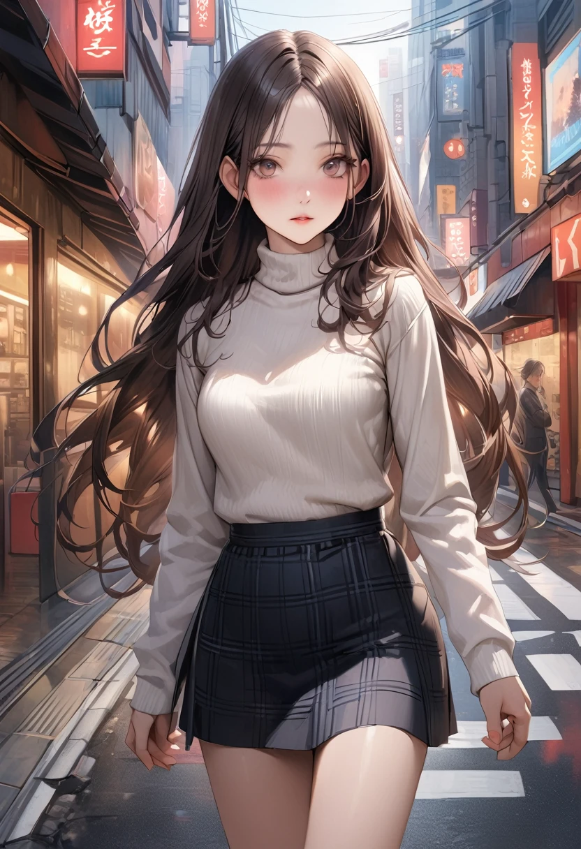 (realistic:1.4),((masterpiece,Highest quality:1.3,best quality illustration)),cowboy shot,独奏,1woman,(25 year old beauty),((very small head:1.3)),black hair,long hair,forehead,center parted bangs,black eyes,gorgeous big eyes,blush,((very long body,skinny)),medium breasts,White long sleeve turtleneck knit sweater、Dark blue plaid mini skirt、gleaming skin:1.4,toned body,slender body,skinny,standing,on street,Shinjuku、Tokyo、