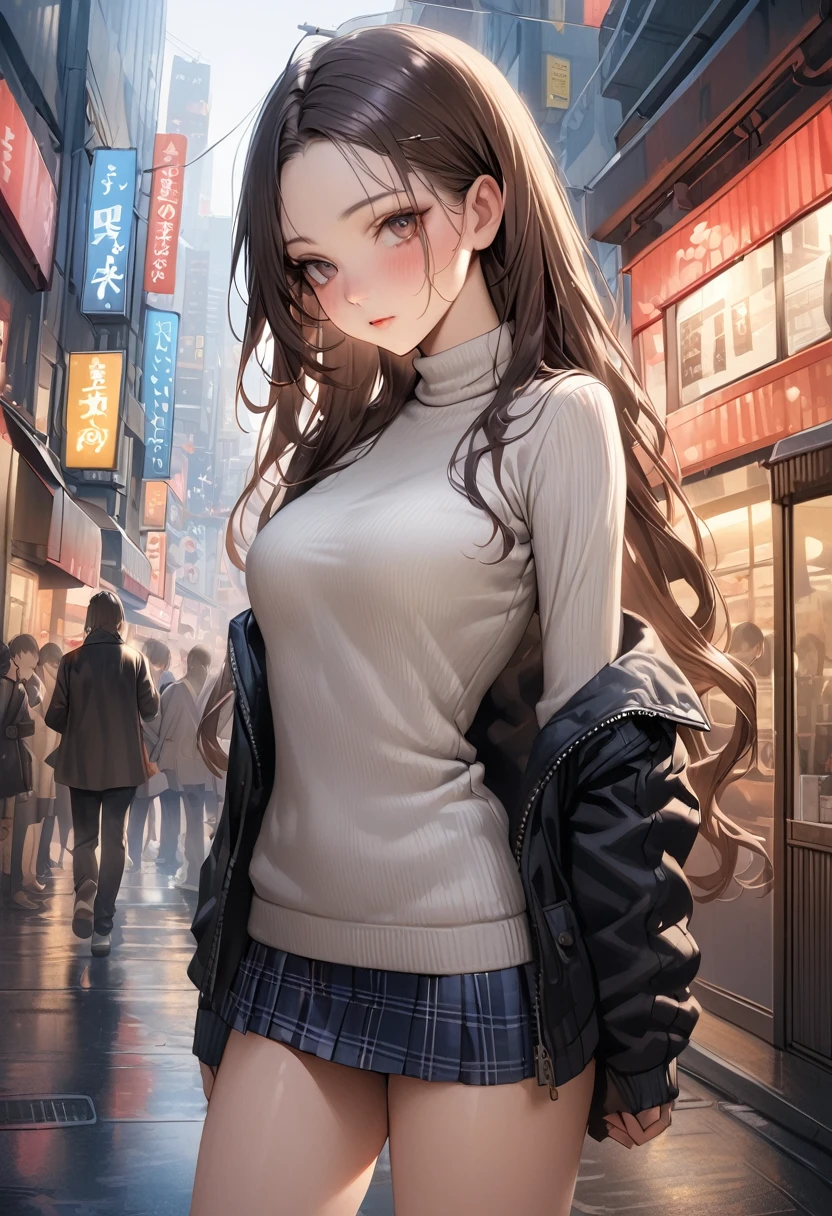 (realistic:1.4),((masterpiece,Highest quality:1.3,best quality illustration)),cowboy shot,独奏,1woman,(25 year old beauty),((very small head:1.3)),black hair,long hair,forehead,center parted bangs,black eyes,gorgeous big eyes,blush,((very long body,skinny)),medium breasts,White long sleeve turtleneck knit sweater、Dark blue plaid mini skirt、gleaming skin:1.4,toned body,slender body,skinny,standing,on street,Shinjuku、Tokyo、
