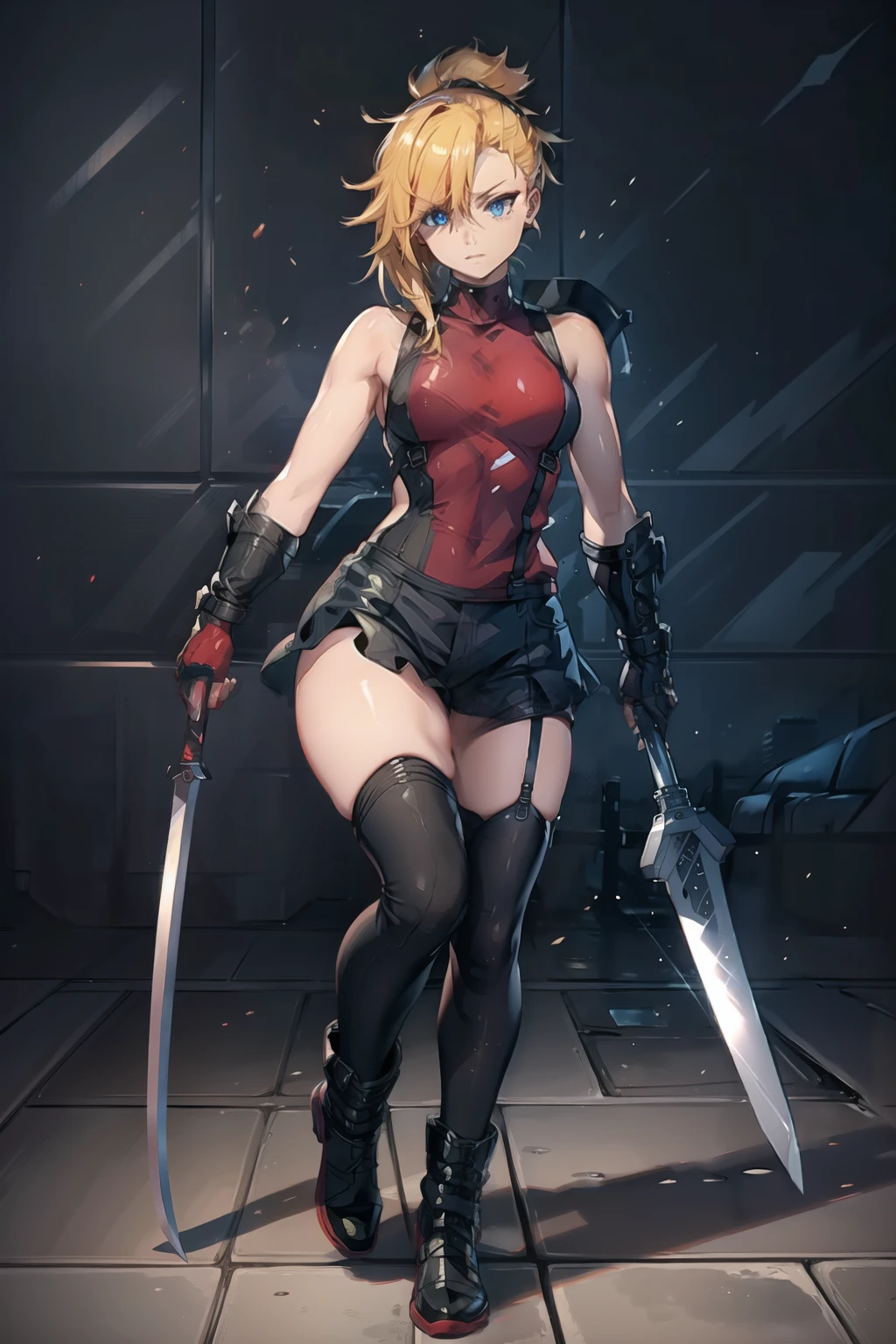 (masterpiece, best quality:1.2), red glowing eyes, perfect face, highres, 1 girl, solo, ultra long ponytail, (female:1.5), strife, blonde hair, shoulder armor, sleeveless turtleneck, suspenders, belt, gloves, bracer, evil smile, standing, portrait, looking at viewer, giant sword on the back, long leather boots, fullbody shot