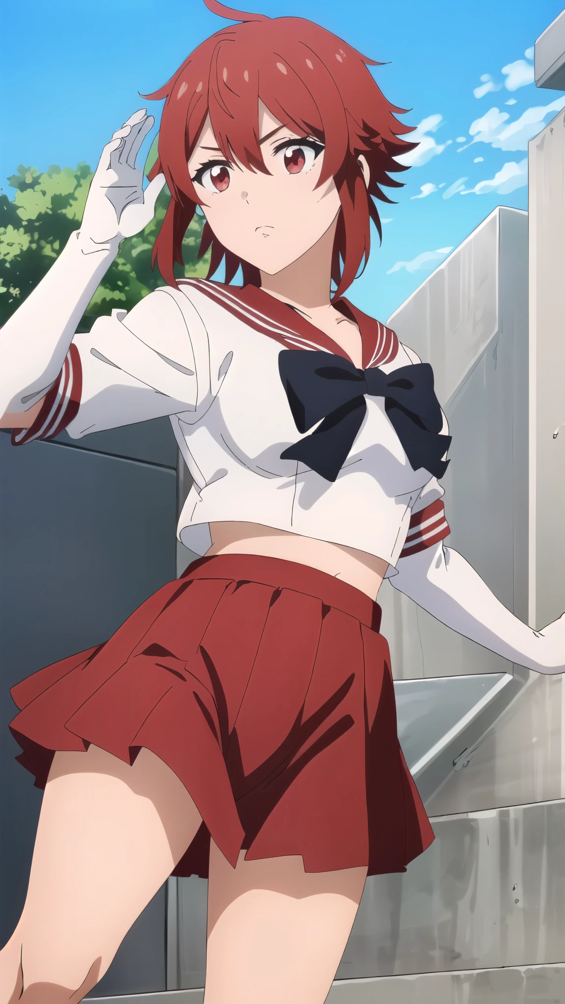 ((Highest quality)),((Very detailed)),masterpiece,Absurd,Detailed face,Beautiful Face,(fine grain, Deep Eyes),One Girl,((Dynamic pose)), input, Redhead, Red eyes, short hair, Hair between the eyes, bangs, chest, large chest, short hair, Red eyes, Outdoor, shirt, View your audience, Are standing,Sailor Warrior Uniforms