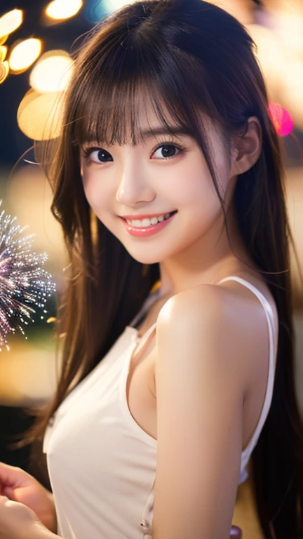 Tabletop、(Highest quality、4K、8k、High resolution、masterpiece: 1.2)、Very detailed、(Genuine、photoGenuineistic、photoGenuineistic: 1.37)、Full Body Shot、whiteTshirt、Complex and beautiful eyes、woman、womanらしい髪型、Natural color lip、Bold and sexy pose、smile、Ocean、20-year-old girl、A cute and sexy shot of her looking at the camera。night、Hand-held fireworks、smile