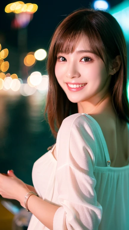 Tabletop、(Highest quality、4K、8k、High resolution、masterpiece: 1.2)、Very detailed、(Genuine、photoGenuineistic、photoGenuineistic: 1.37)、Full Body Shot、whiteＴshirt、Complex and beautiful eyes、woman、womanらしい髪型、Natural color lip、Bold and sexy pose、smile、Ocean、20-year-old girl、A cute and sexy shot of her looking at the camera。night、Hand-held fireworks、smile
