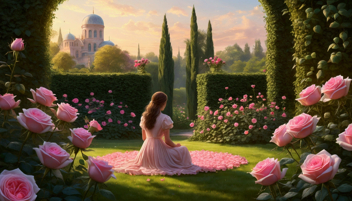 Extensive illustration in a realistic style, In the distance, a young woman crouches and looks at a growing pink rose, A young one woman is sitting very beautifully in a huge rose garden, A delicate pink rose grows in a magical garden, a young woman listens and looks at the red rose, A gentle, mesmerizing picture, she is resting in a huge space of roses and nature, the time of day is early morning, sparks of magic are flying in the air, Reamy, ethereal, ultra-detailed, Strong contrast, Good depth of field, 8K wallpaper, Masterpiece, Aesthetic illustration in realistic style, Bioliminality, lots of yellow and gold