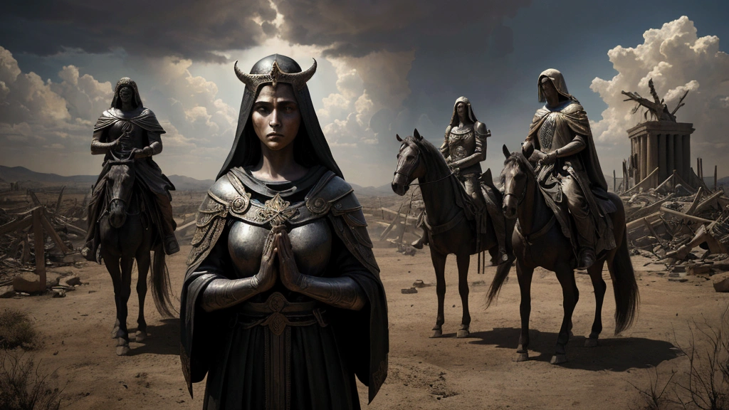 "Description: Create a scene that contrasts symbolic and literal interpretations of biblical prophecies about the apocalypse. Show visual representations of symbolic imagery from the Bible, such as the Four Horsemen, alongside real-world events that might be considered manifestations of these prophecies.
Details: Use a split-screen or layered composition to juxtapose symbolic biblical imagery with contemporary scenes of wars, natural disasters, and moral decay. Include elements such as artistic depictions of biblical symbols and real-world photos or illustrations. Show expressions of contemplation and debate on the faces of individuals, reflecting the ongoing discussion about the nature of these prophecies."