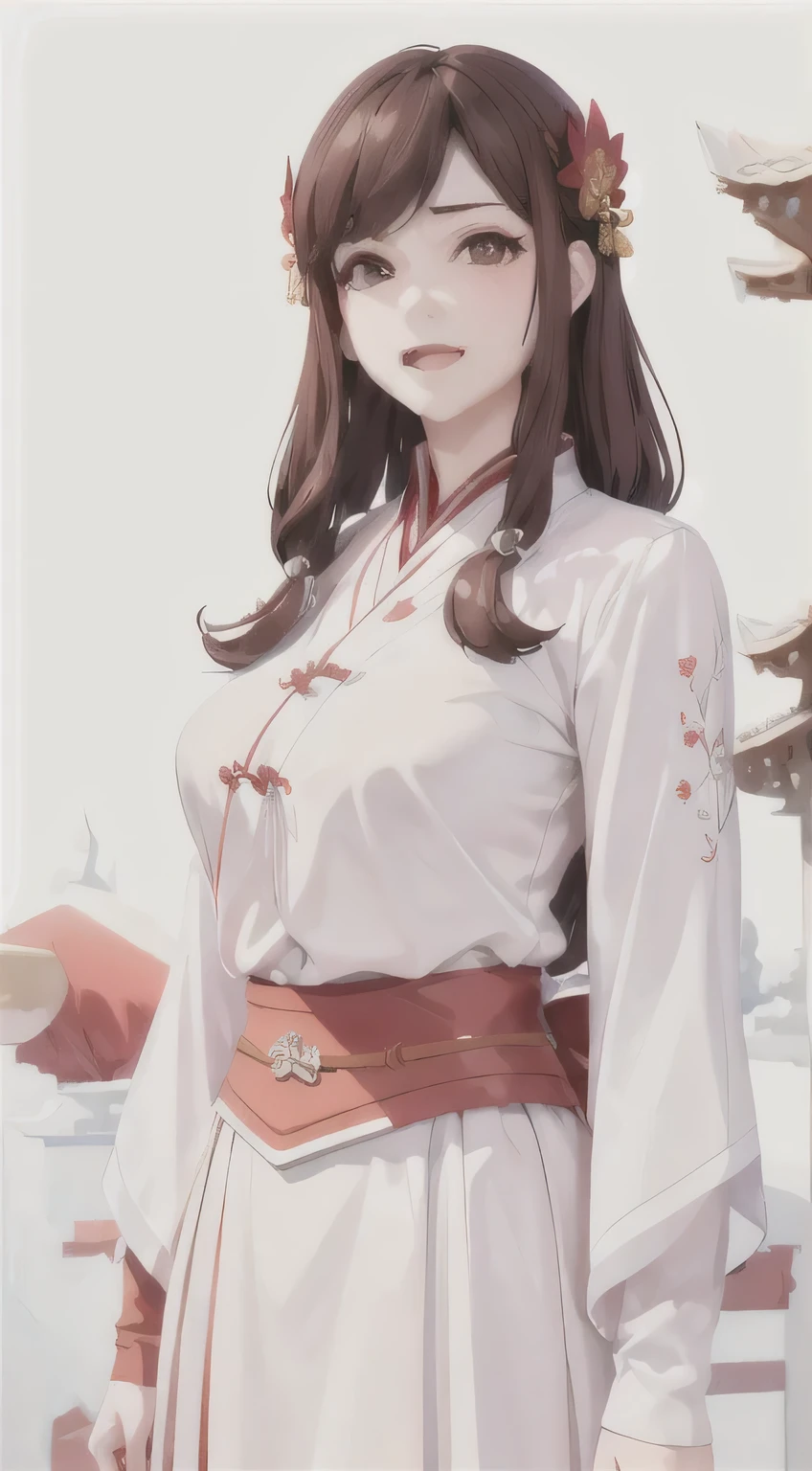 masterpiece,1 Girl,独奏,black hair,Brown eyes,brown hair,hair servant,red head rope,looking at the audience,Reality,detailed,Very detailed,Chinese Han,Chinese Ming Dynasty clothing,Red collar,White blouse,Red belt,White trousers,red embroidered shoes,whole body,Smile,Plain white background,best quality,High resolution,masterpiece,intricate details,beautydetailed eyes,detailed light,masterpiece,high quality,best quality,beauty,perfect lighting,Perfect body proportions,detailed face