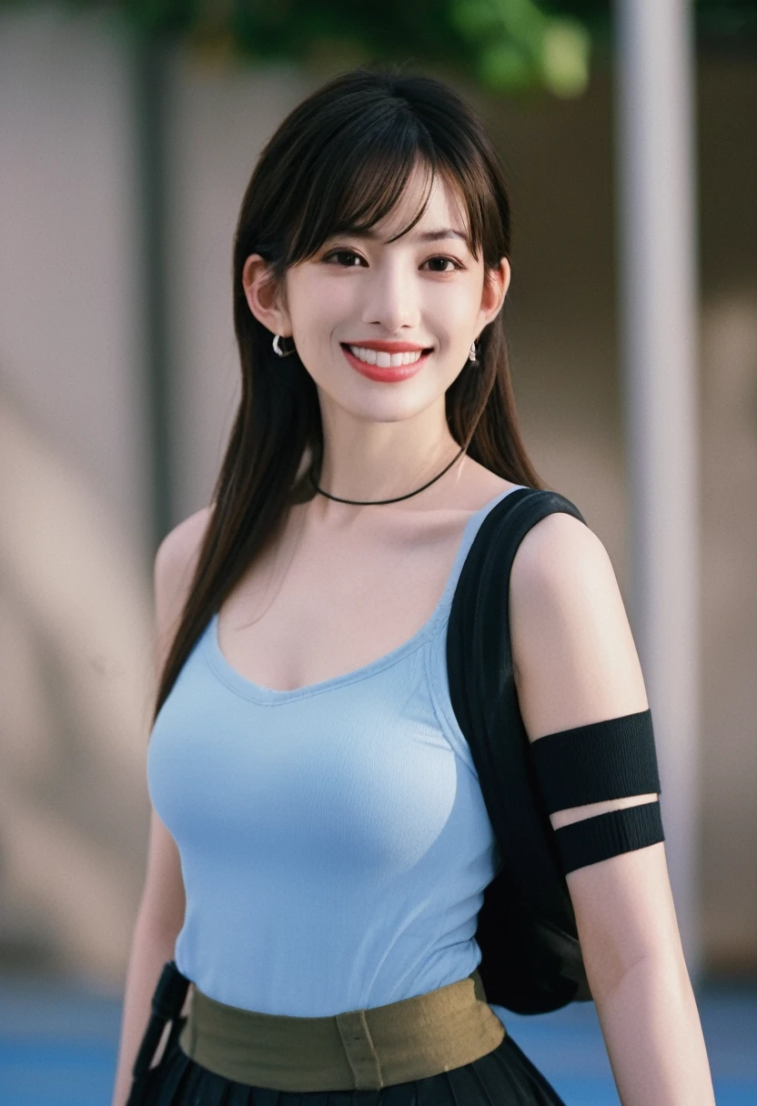 An upper body beautiful cute Japanese woman, still from the film, (Anne Hathaway look alike face: 0.7), solo, 7rtif, red eyes, low-tied long hair, black hair, earrings, sports bra, black suspenders, pleated miniskirt, black thighhighs, arm guards, elbow gloves, fingerless gloves, large breasts, upper body, gradient background, blue background, looking at you, smile, hand on hip, upper body, clenched hand, happy, from below, Leica SL3, Summicron-SL 75 f/2 ASPH, Kodak Gold 200 film, bokeh, rim lighting, silhouette, shallowed depth of field, dynamic hands up,