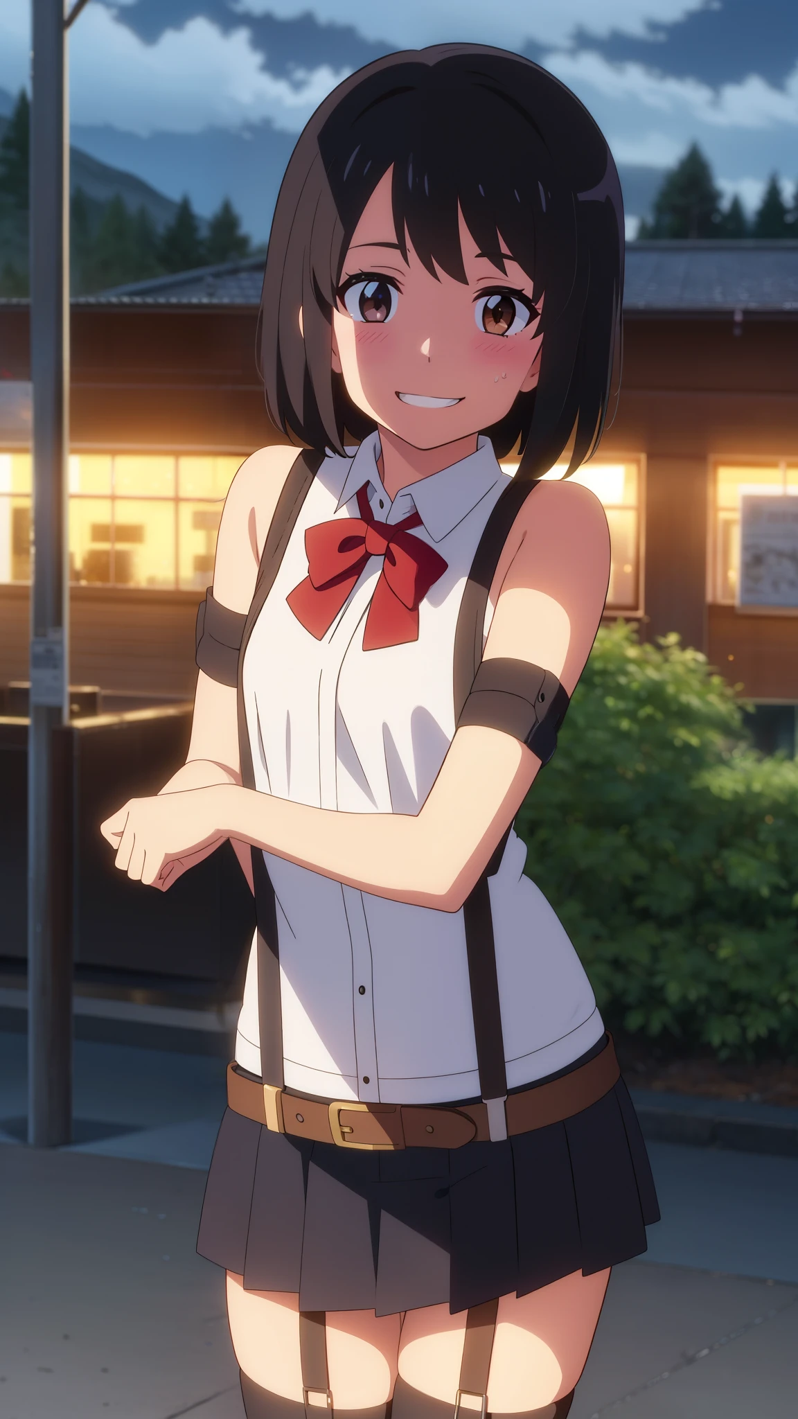 shinkai makoto, kimi no na wa., 1girl, bangs, black hair, blush, brown eyes, perfect face, looking at the viewer, black suspenders, bare shoulders, red headband, red ribbon, garterbelt, garter, sight, mini skirt, belt, short hair, solo, shinny skin, smile, cute, grin, cloudy, night sky, night background, forest, sweat, (masterpiece), best quality
