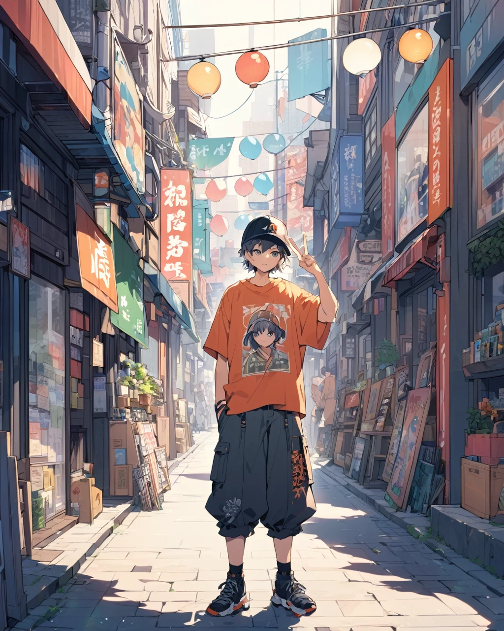 Create a detailed anime illustration of a boy with short hair standing in a vibrant, bustling urban street. He should be dressed in casual streetwear: a baseball cap, baggy pants, and a graphic t-shirt. The boy is holding up a peace sign with his right hand, his expression calm and slightly neutral. Use a two-tone pastel background to highlight the modern street scene, featuring various signs in Japanese, colorful storefronts, and a generally busy atmosphere.