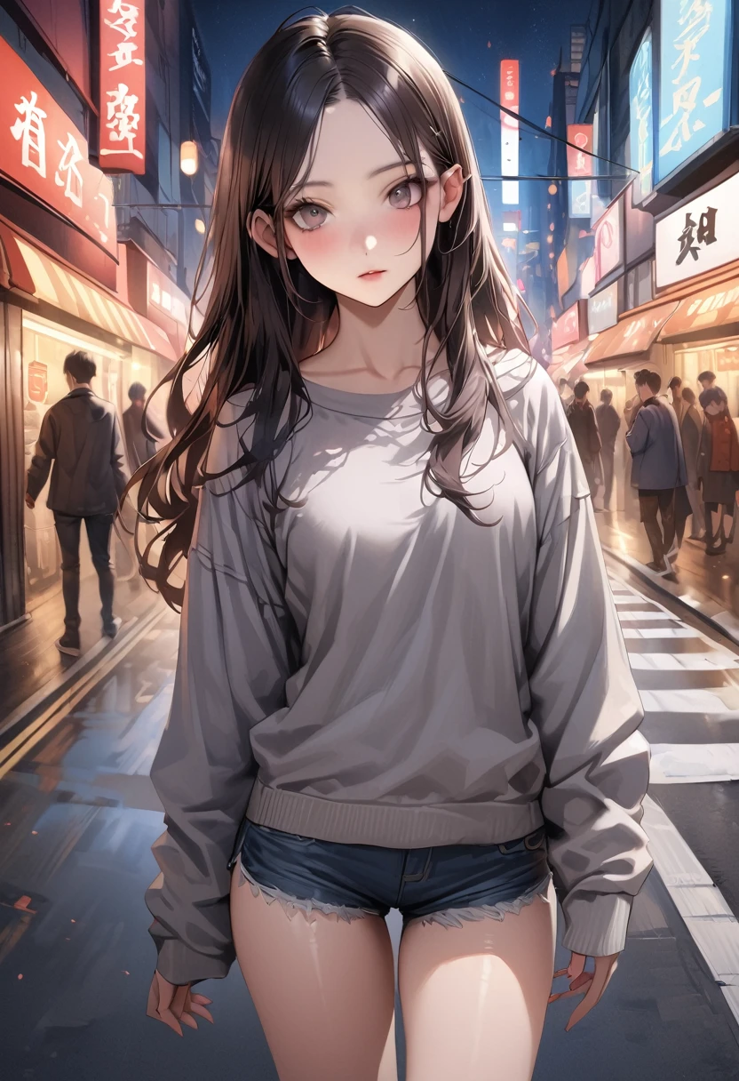 (realistic:1.4),((masterpiece,Highest quality:1.3,best quality illustration)),cowboy shot,独奏,1woman,(25 year old beauty),((very small head:1.3)),black hair,long hair,forehead,center parted bangs,black eyes,gorgeous big eyes,blush,((very long body,skinny)),medium breasts,Grey sweatshirt、Denim Microshorts、gleaming skin:1.4,toned body,slender body,skinny,standing,on street,Shinjuku、Tokyo、